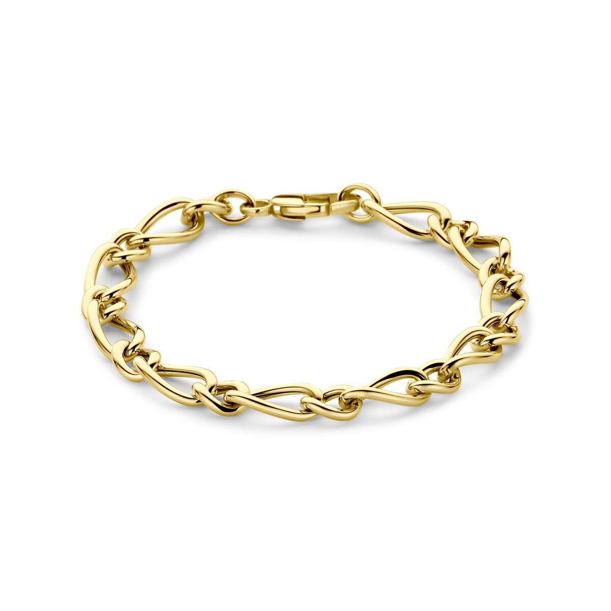 Geelgouden anker armband met schakels, 19 cm lang, glanzende afwerking.