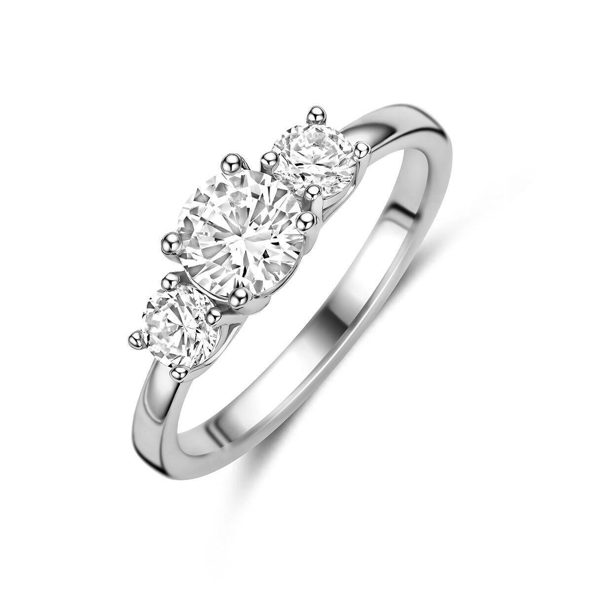 Gerhodineerde 925 zilveren ring met drie ronde zirkonia's in een klassieke setting.
