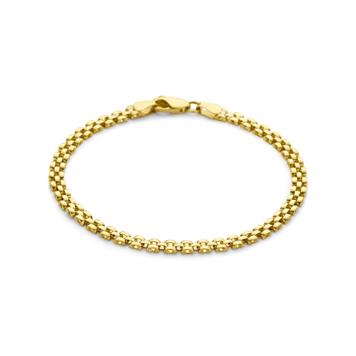 Geelgouden panter schakel armband met een lengte van 18,5 cm en een glanzende afwerking.