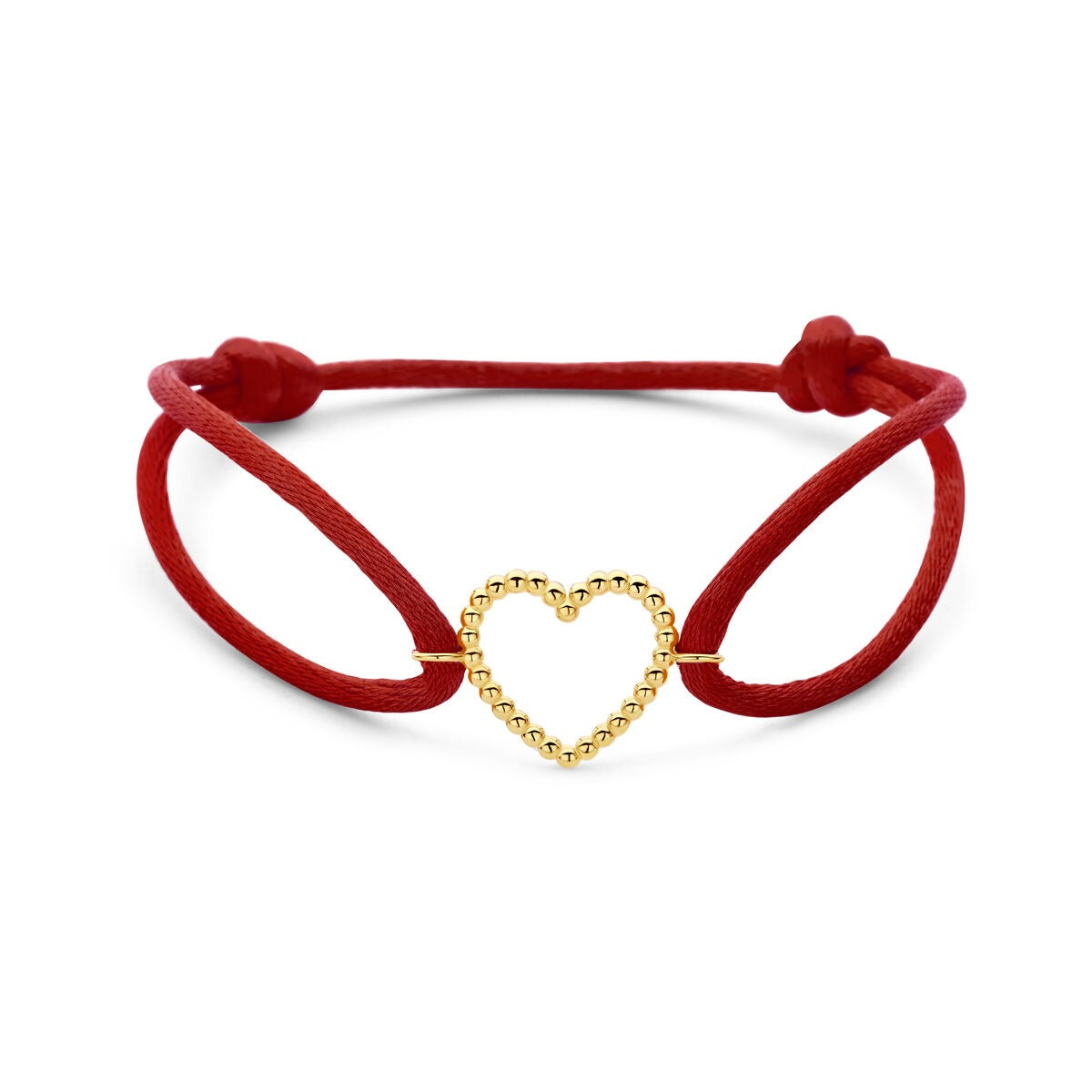 Rode satijnen armband met een 14k gouden hartje als opvallend detail.