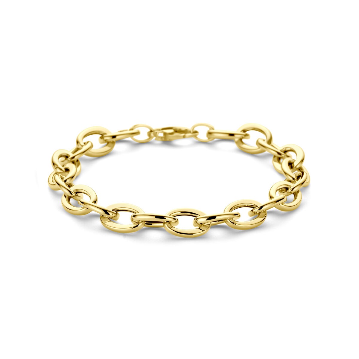 Geelgouden dames armband met draadschakels van 8,5 mm breed en 19 cm lang.