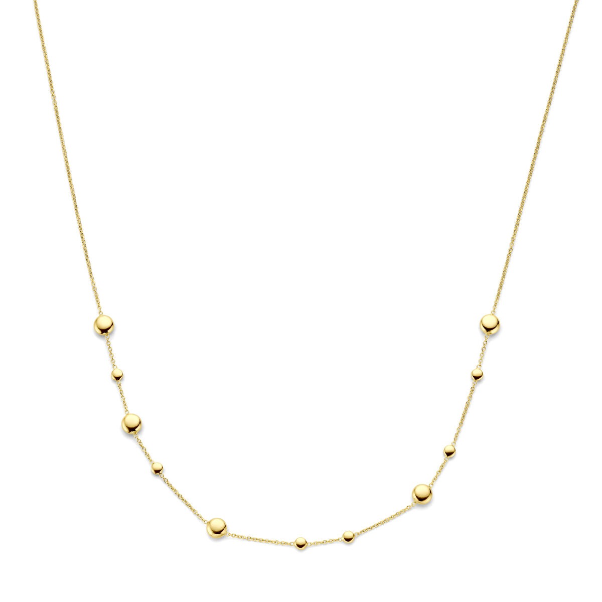 Collier van 14K geelgoud met een lengte van 42-45 cm, versierd met kleine bolletjes.