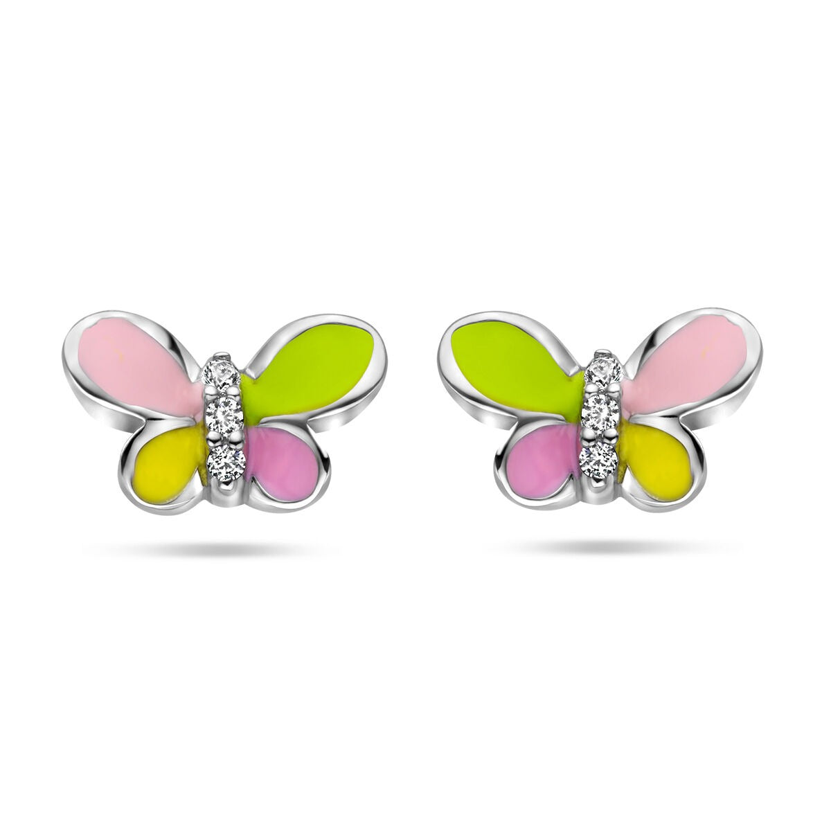 Zilveren vlinder oorknoppen met groene, roze en gele emaille en zirkonia details.