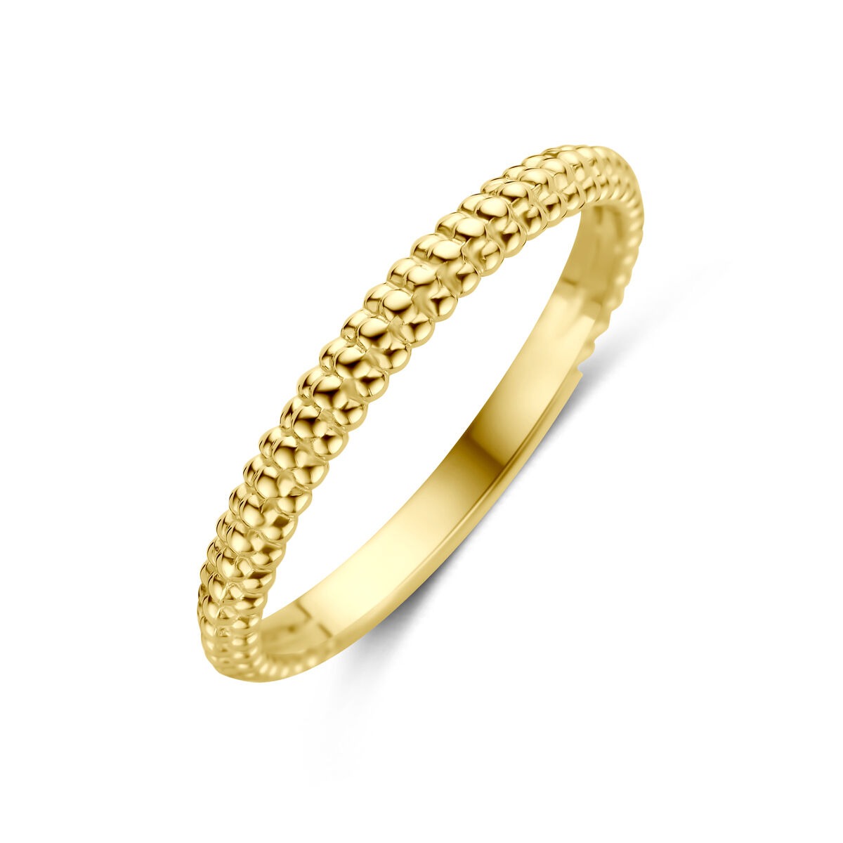 Geelgouden ring met een gestructureerde, bolvormige afwerking rondom.