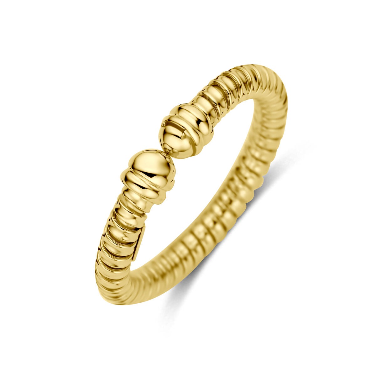 Geelgouden ring van 14k met een 3 mm brede, gestructureerde band en bolvormige details.
