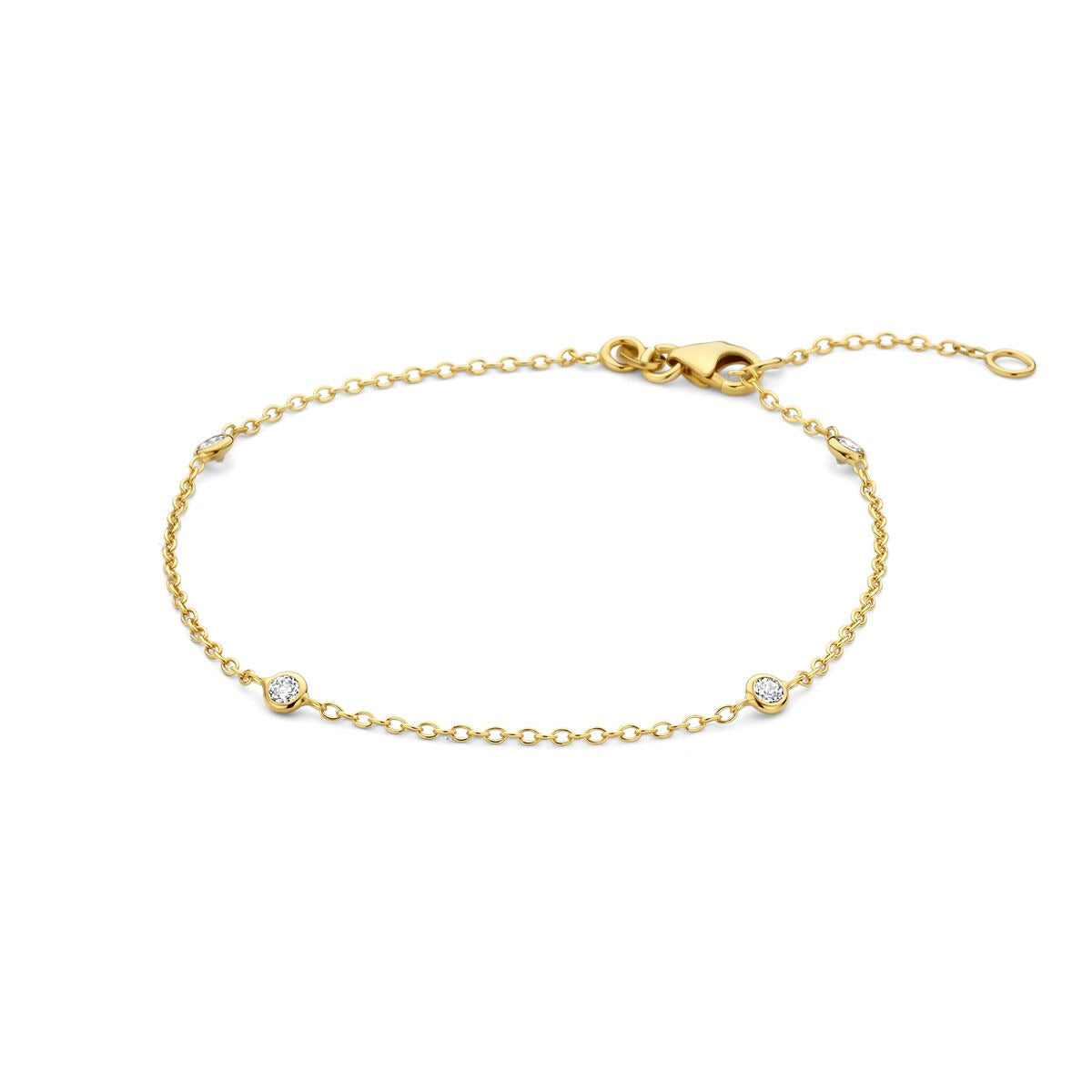 Geelgouden dames armband met anker schakels en drie zirkonia steentjes.