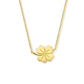 Gouden ketting van 9k geelgoud met een klaverhanger, verstelbaar van 40 tot 44 cm.