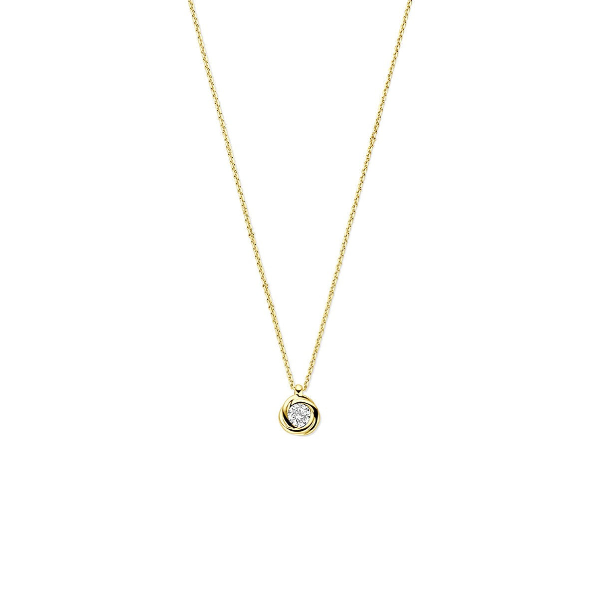 Gouden collier van 14k met een ronde zirkonia in een eenvoudige zetting aan een jasseron schakelketting.