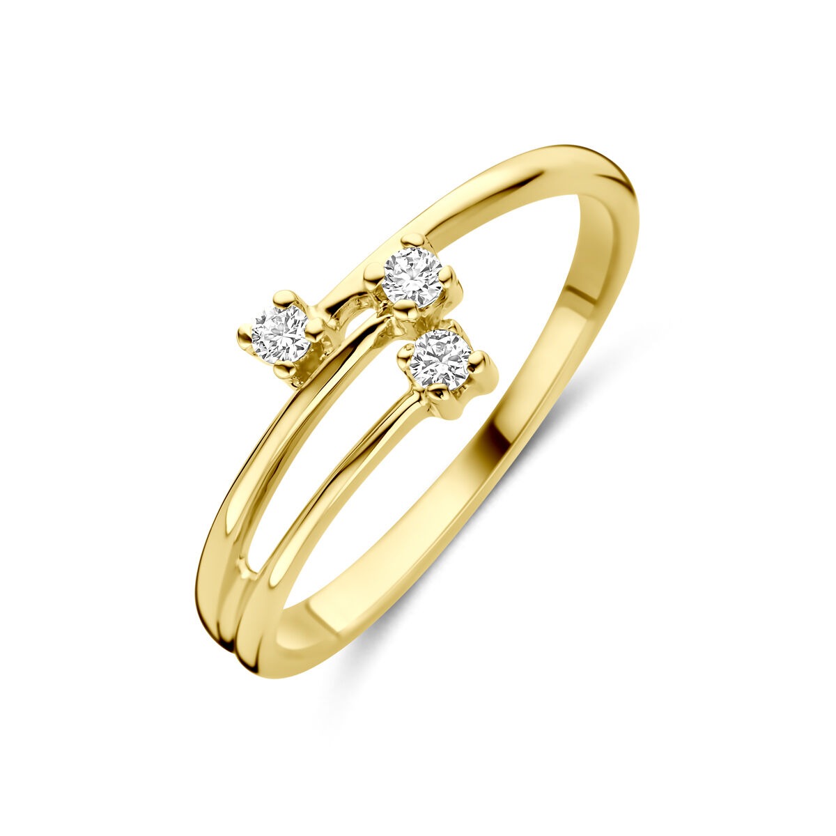 Gouden damesring van 14k geelgoud met drie zirkonia's in een speelse opstelling.