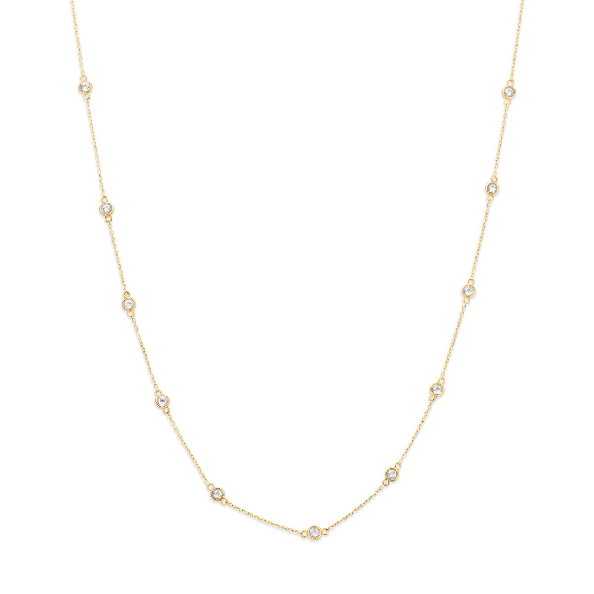 Geelgouden collier van 9 karaat met zirkonia, voorzien van een delicate schakelstructuur en kleine, sprankelende stenen.