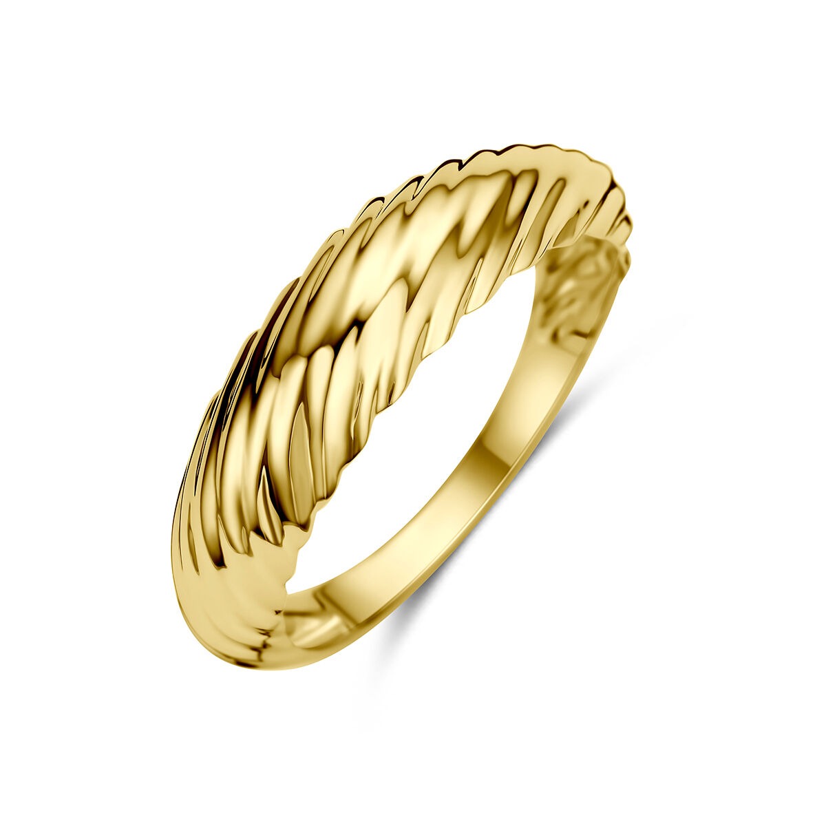Gedraaide ring van 14k geelgoud met een breedte van 5,5 mm en een golvende structuur.