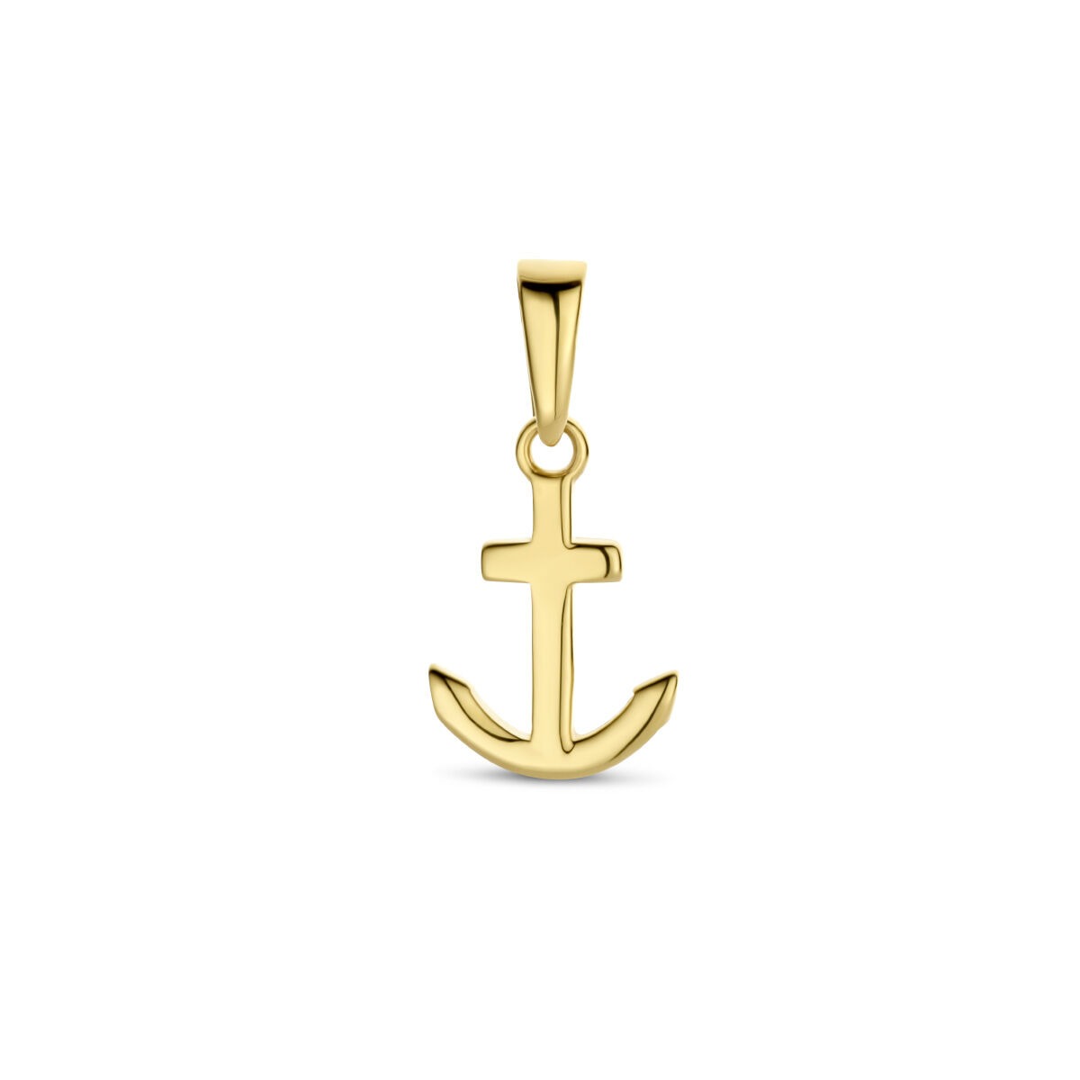 Geelgouden anker hanger met een glanzende afwerking en eenvoudige, strakke lijnen.