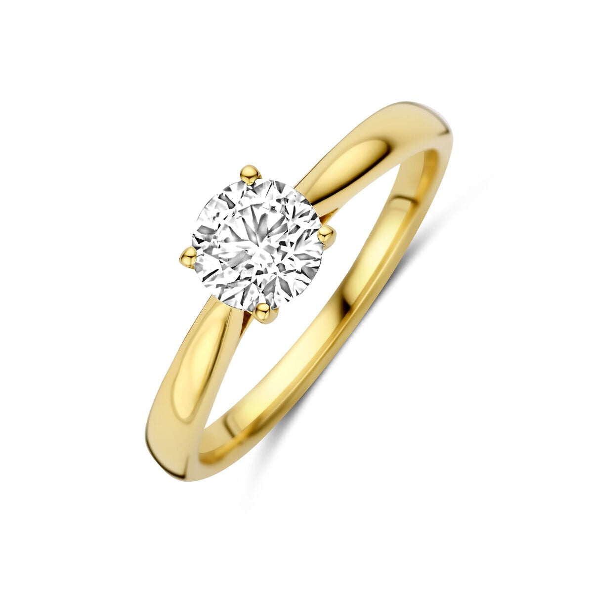 Geelgouden ring met een ronde lab grown diamant van 0.75 ct, eenvoudige setting en gladde band.
