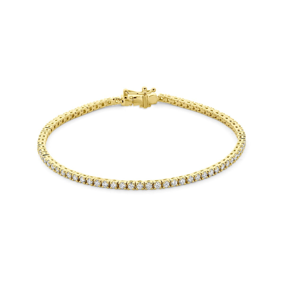Vergulde 925 zilveren tennis armband met lab grown diamanten in een rij van fonkelende stenen.