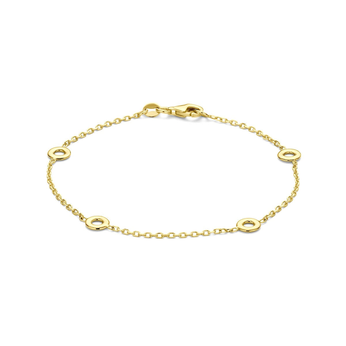 Geelgouden dames armband met fijne schakels en ronde tussenstukken.
