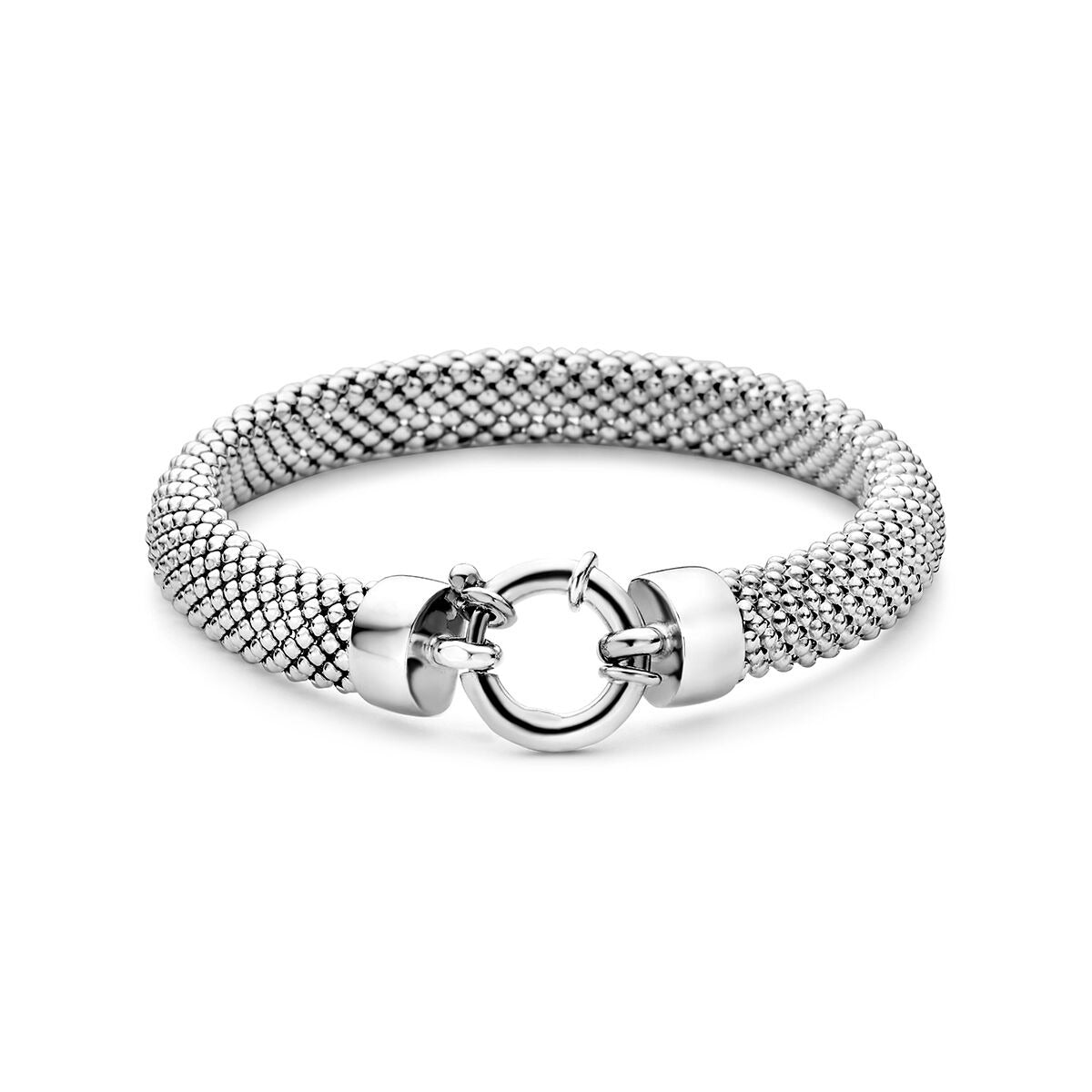Gerhodineerde 925 zilveren schakelarmband met een fijn geweven structuur en een sluiting met een ronde ring.
