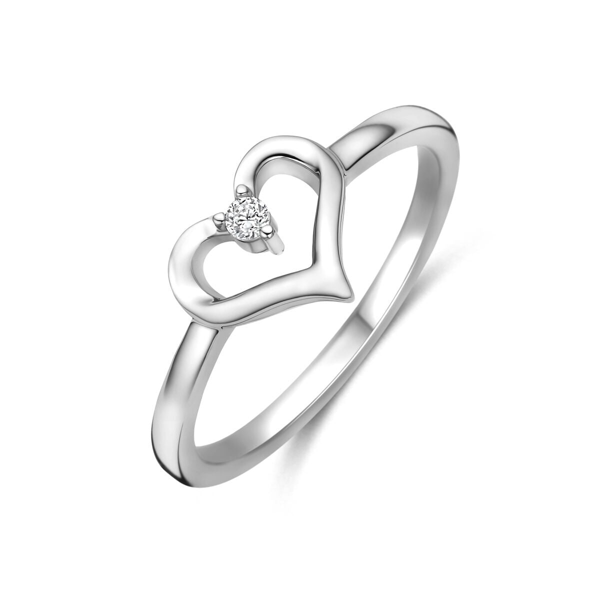 Gerhodineerde 925 zilveren ring met een hartvorm en een zirkonia steentje in het midden.