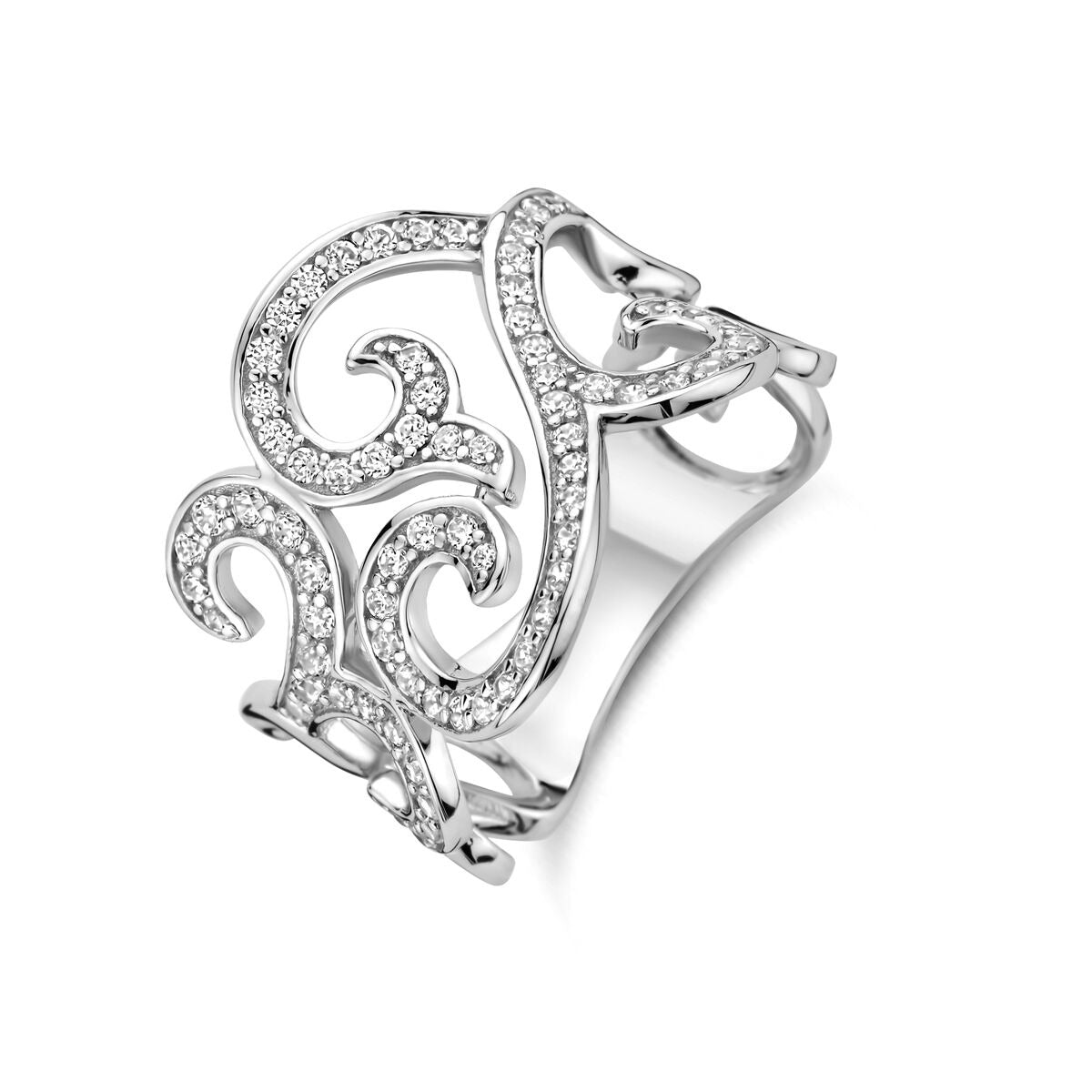 Gerhodineerde zilveren entourage ring met een sierlijk ontwerp en zirkonia steentjes.