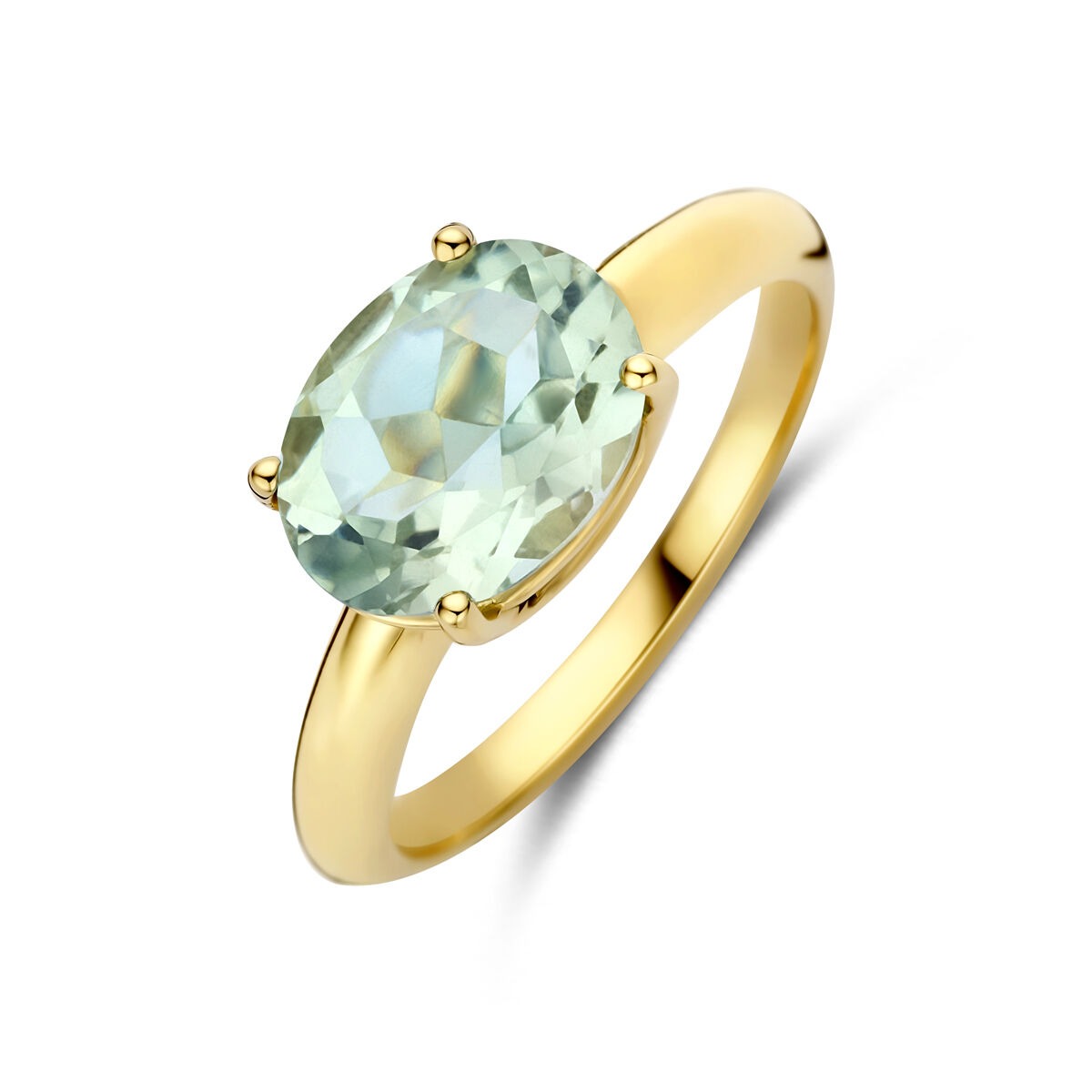 Geelgouden ring met een ovale groene amethist, gezet in vier klauwen.