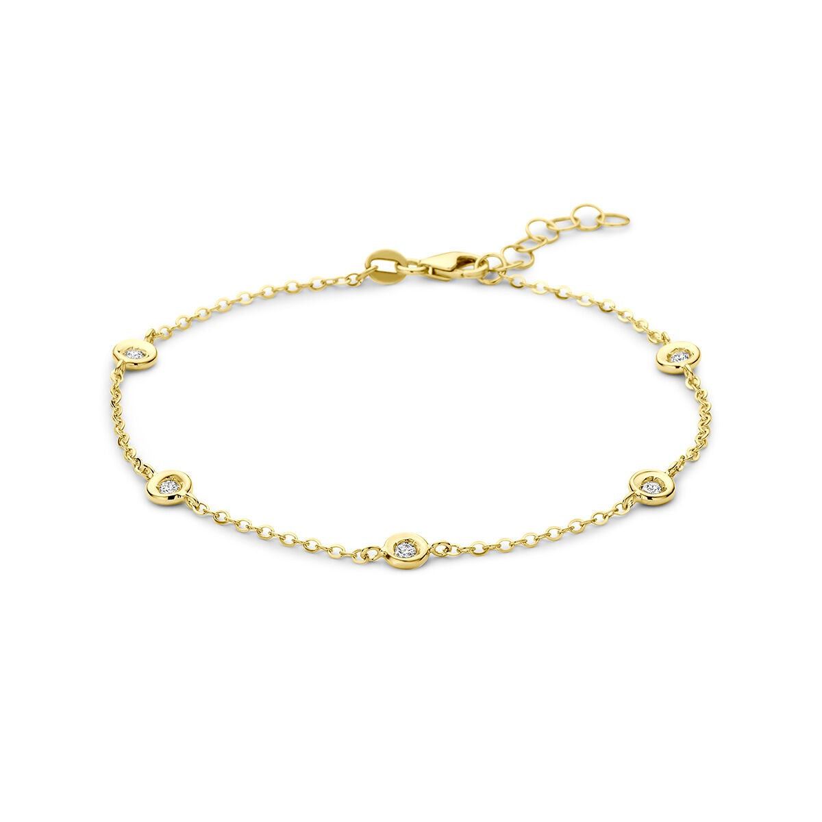 Geelgouden armband met vijf ronde diamanten van 0,15 ct in een delicate schakeling.