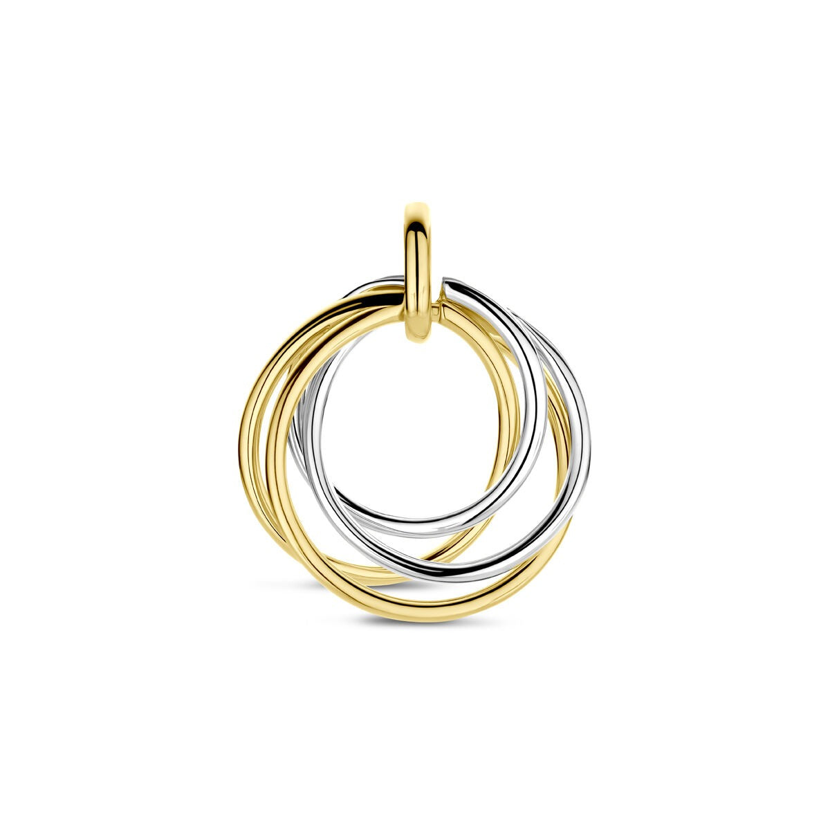 Bicolor hanger van 14k geel- en witgoud met een moderne, ronde vorm van 21 mm.