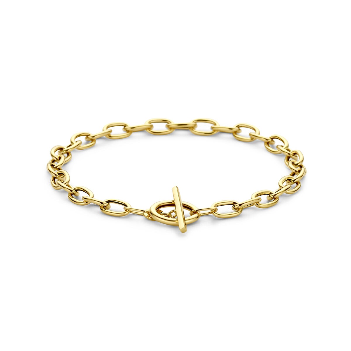 Geelgouden ankerarmband met schakels en een kapittelslot.