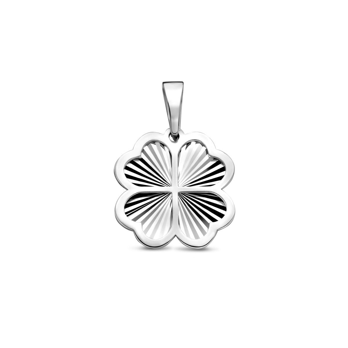 Zilveren hanger in bloemvorm, gerhodineerd 925 zilver met een gestreept patroon.