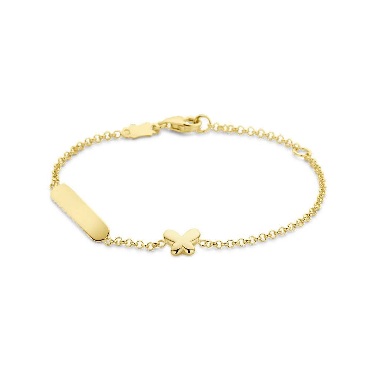 Geelgouden kinder graveerarmband met een vlinder en een gladde, rechte schakel.
