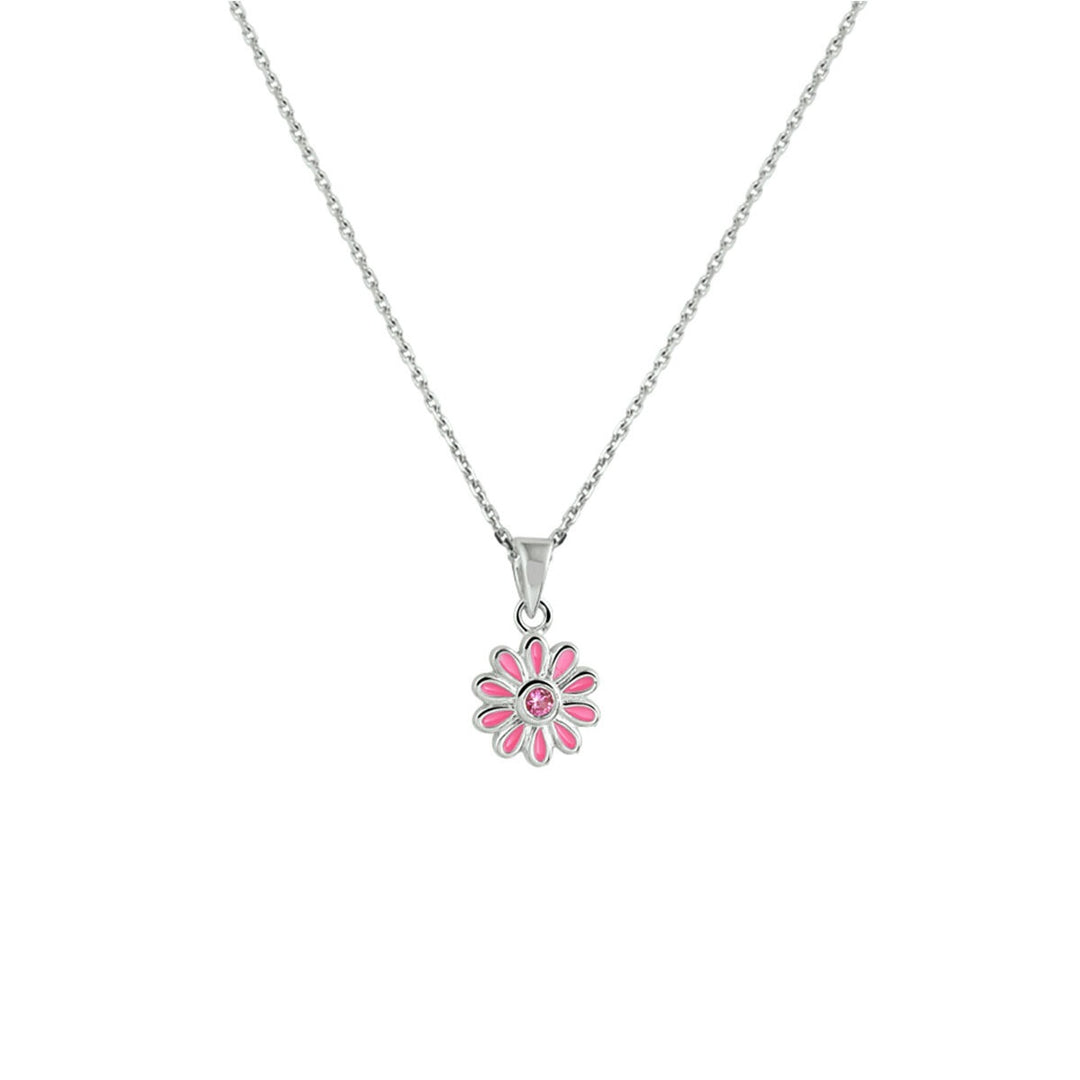 Zilveren kinder collier met bloemhanger en roze zirkonia – gerhodineerd 925 zilver