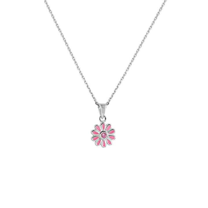 Zilveren kinder collier met bloemhanger en roze zirkonia – gerhodineerd 925 zilver