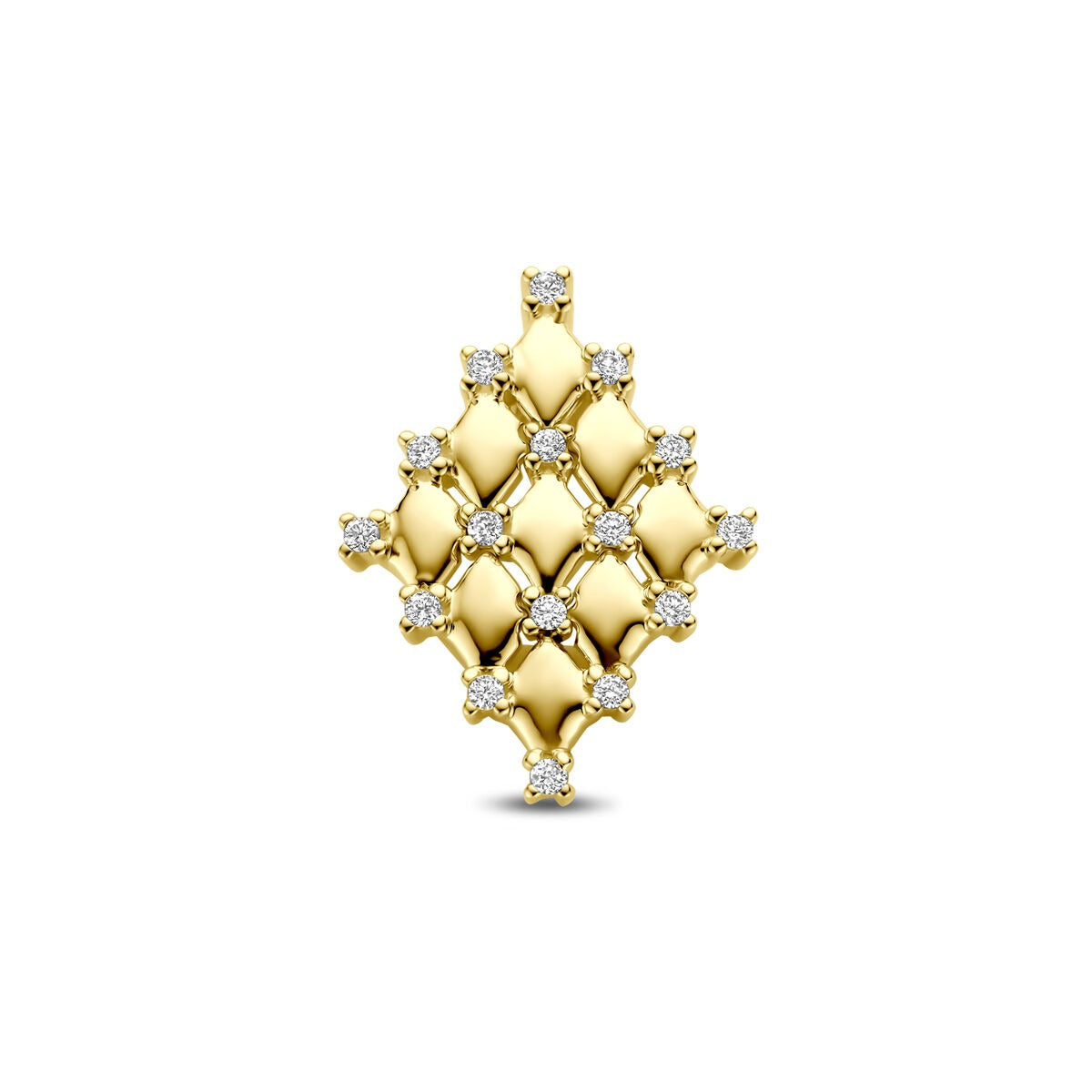 Ruitvormige 14k geelgouden dames hanger met meerdere diamanten in een decoratief patroon.