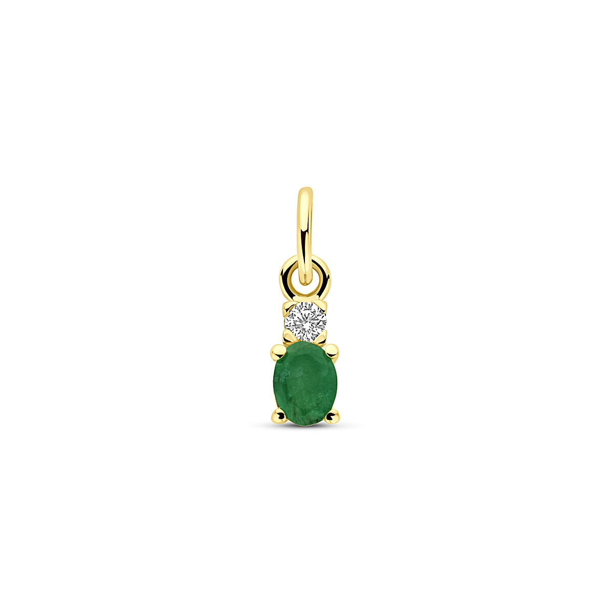 Geelgouden hanger van 14k met een ovale smaragd en een zirkonia erboven, 12 mm groot.