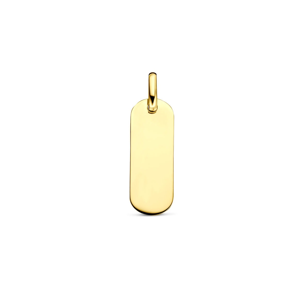 Geelgouden hanger in een rechthoekige vorm met een gladde afwerking.