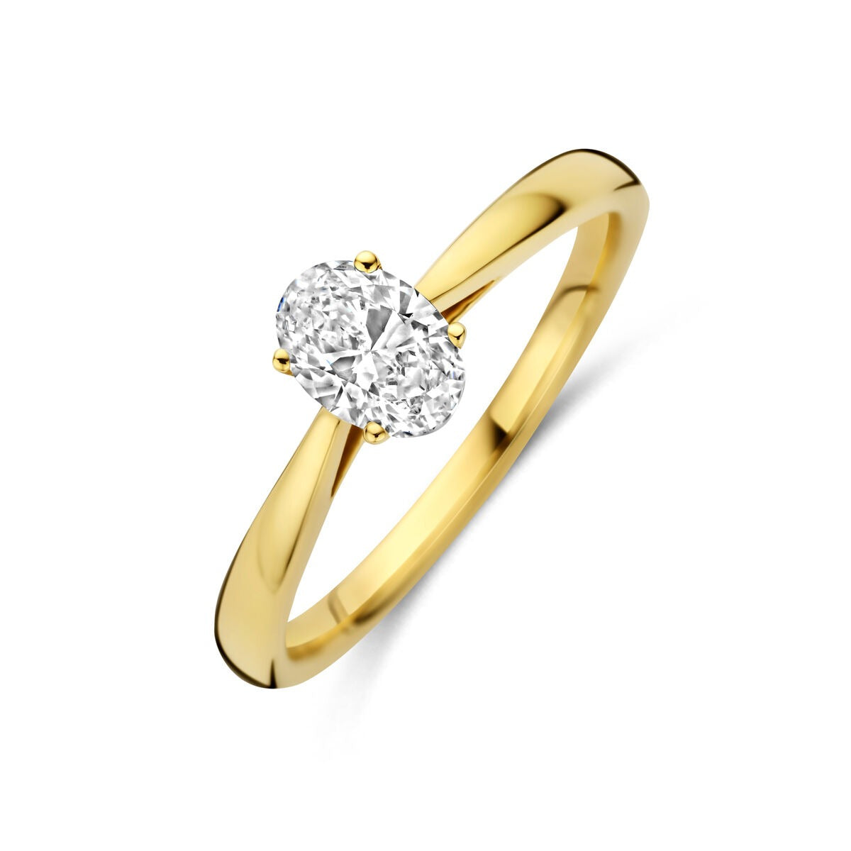 Geelgouden ring met een ovale lab grown diamant van 0.50ct, met een gladde, glanzende afwerking.