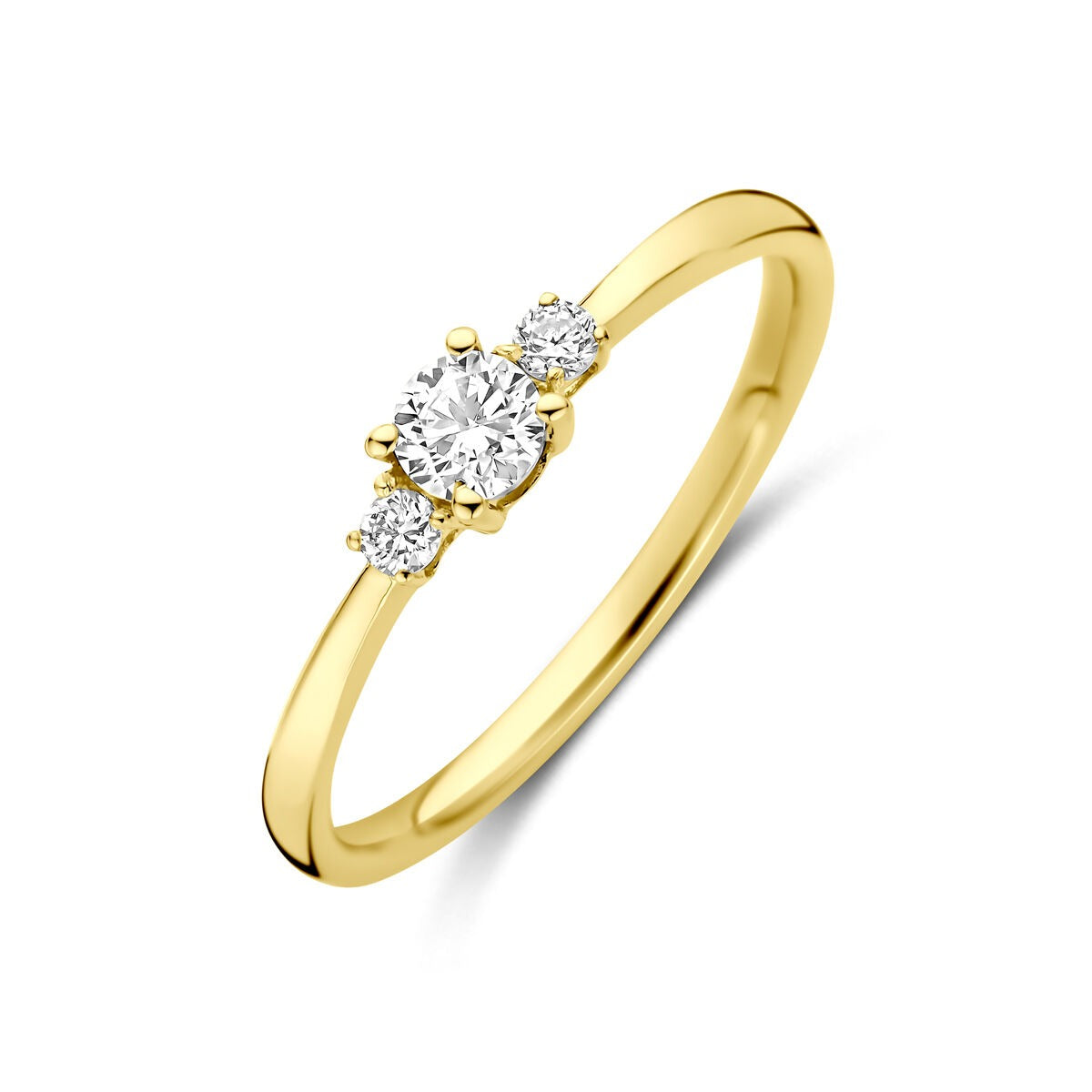 Geelgouden ring met drie ronde lab grown diamanten, waarvan één van 0.25ct, in een strakke setting.