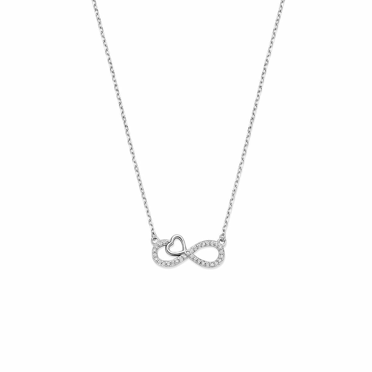 Zilveren gerhodineerd collier met een infinity-teken en hartje, versierd met zirkonia.