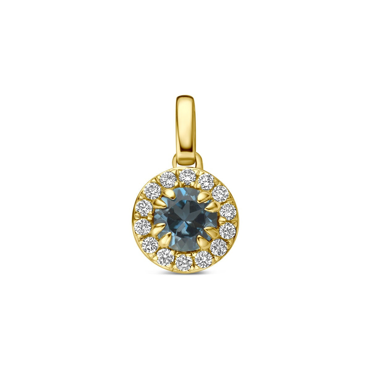 Geelgouden hanger met een ronde London blue topaas omringd door lab grown diamanten.