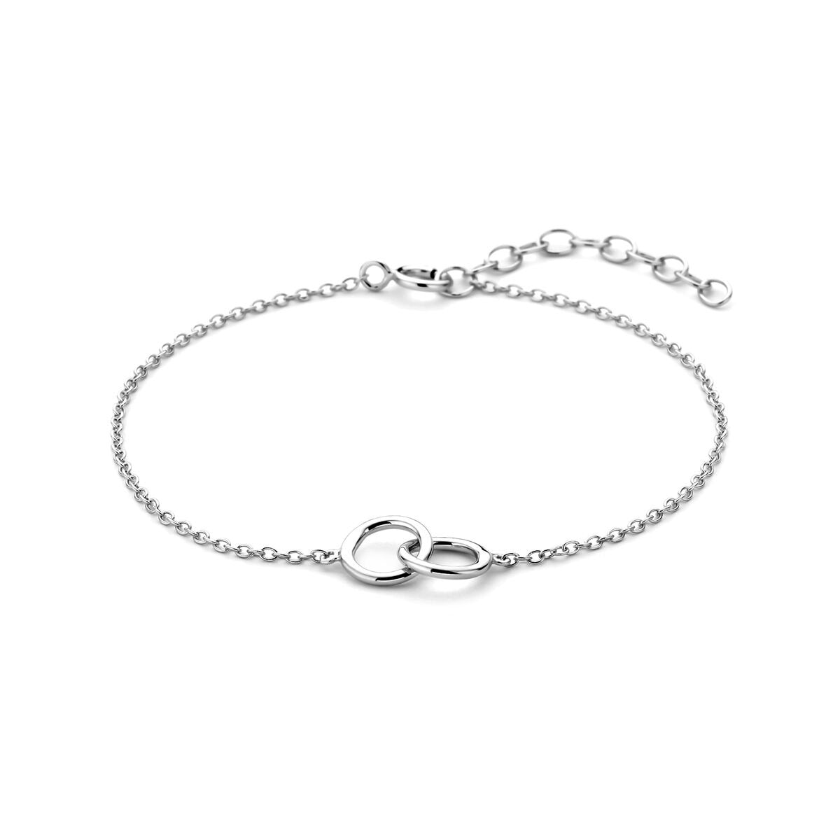 Zilveren gerhodineerde dames armband met ronde schakels en een karabijnsluiting.