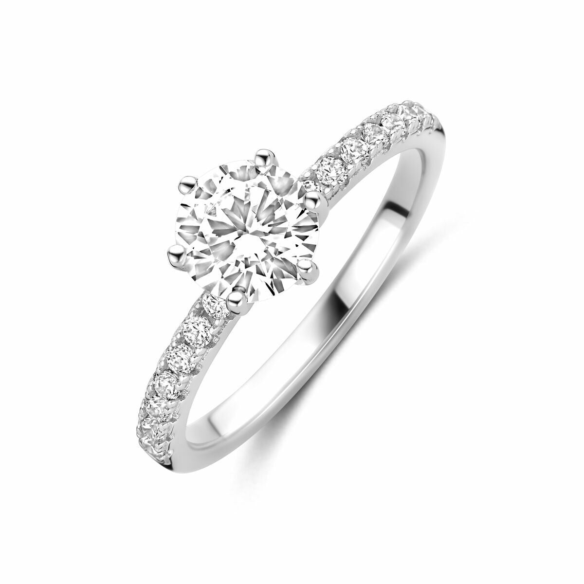 Zilveren damesring van gerhodineerd 925 zilver met een centrale zirkonia en een rij kleine zirkonia's aan de band.