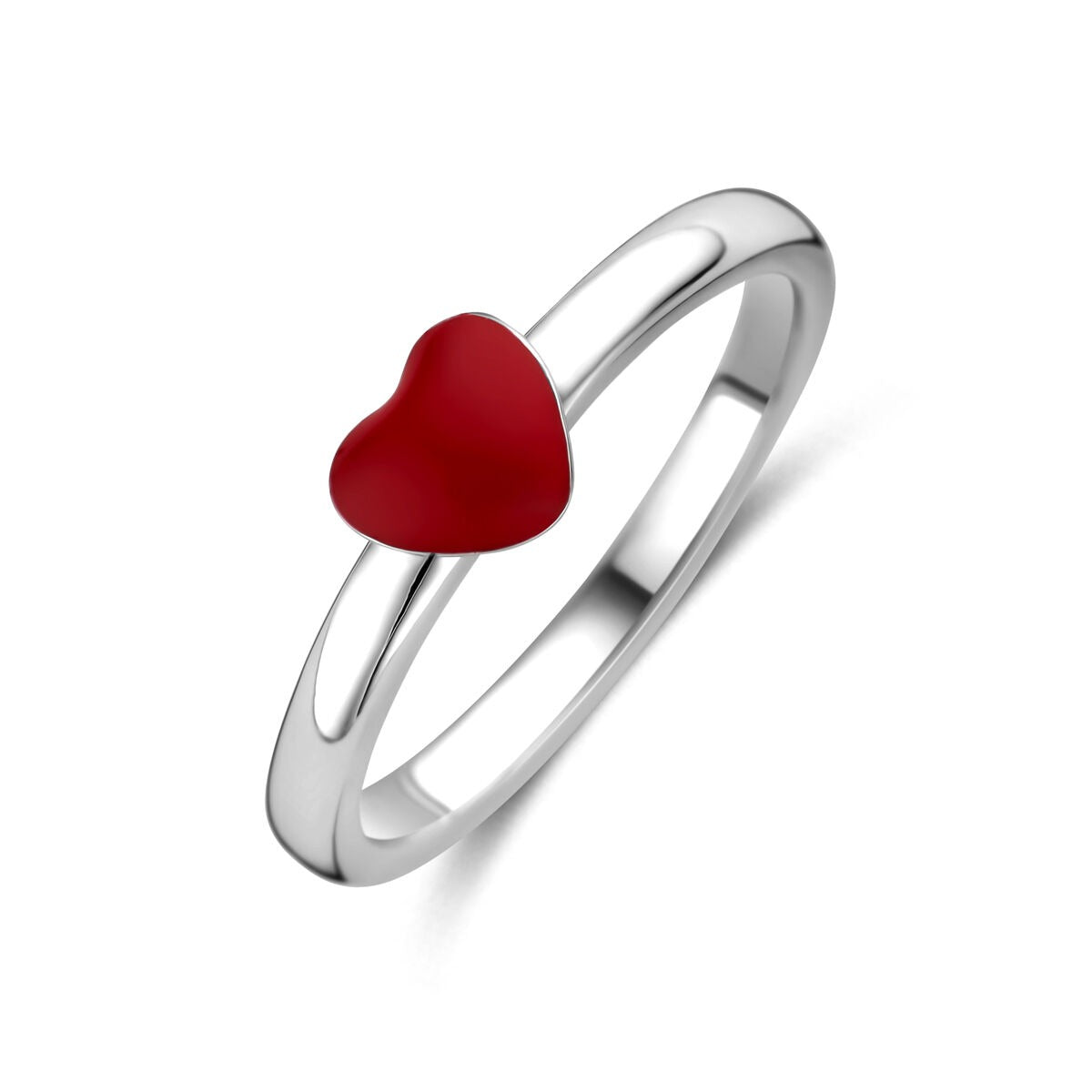 Zilveren kinder ring met gerhodineerde afwerking en een rood hartje als opvallend detail.