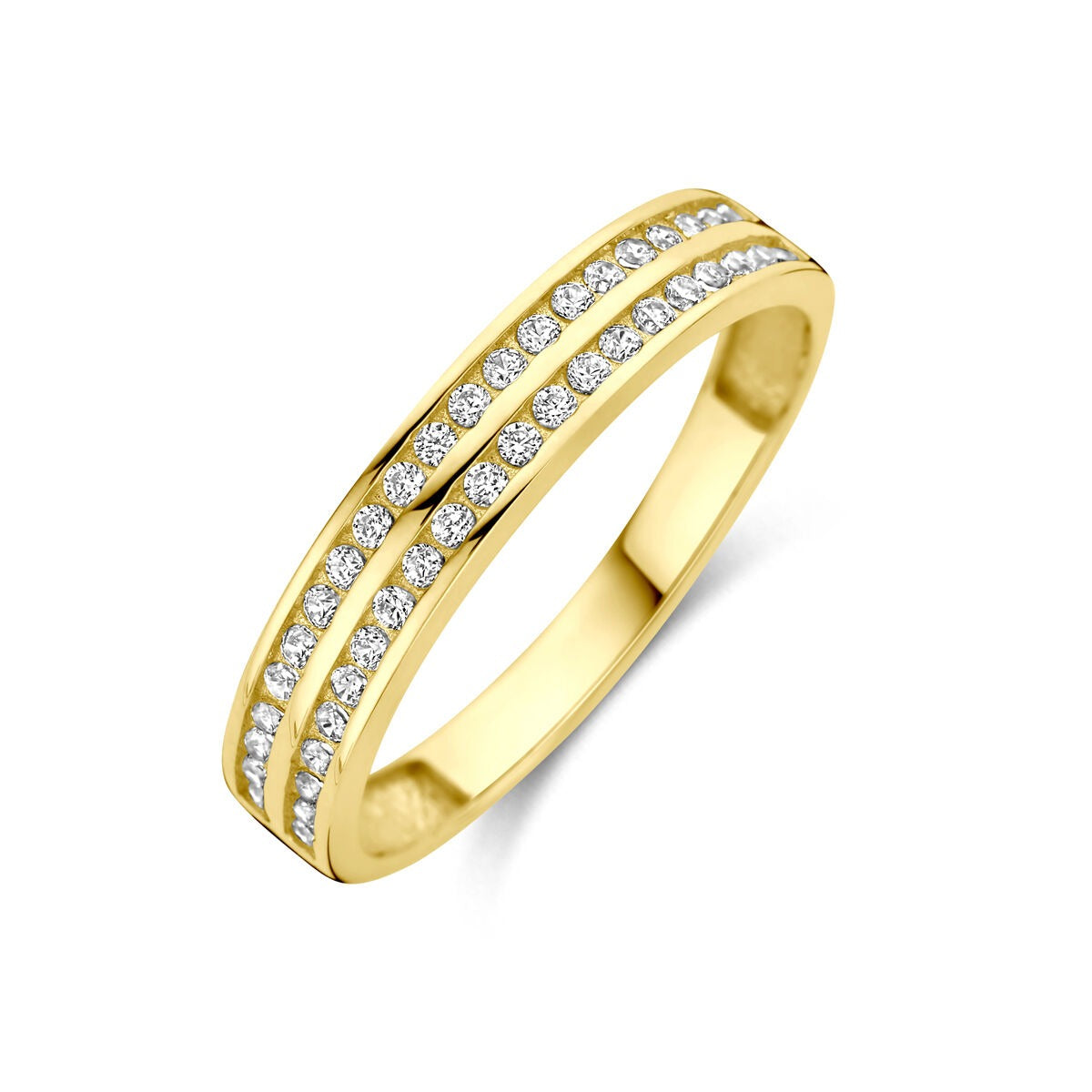 Geelgouden ring van 14k met zirkonia in alliance rijzetting, 3,5 mm breed, met twee rijen steentjes.