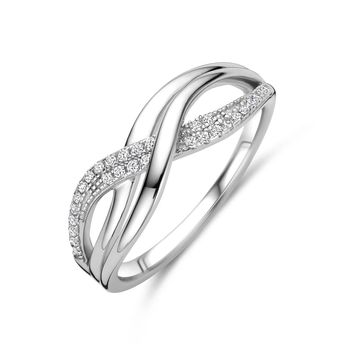 Gerhodineerde zilveren damesring met een golvend ontwerp en zirkonia, 7 mm breed.