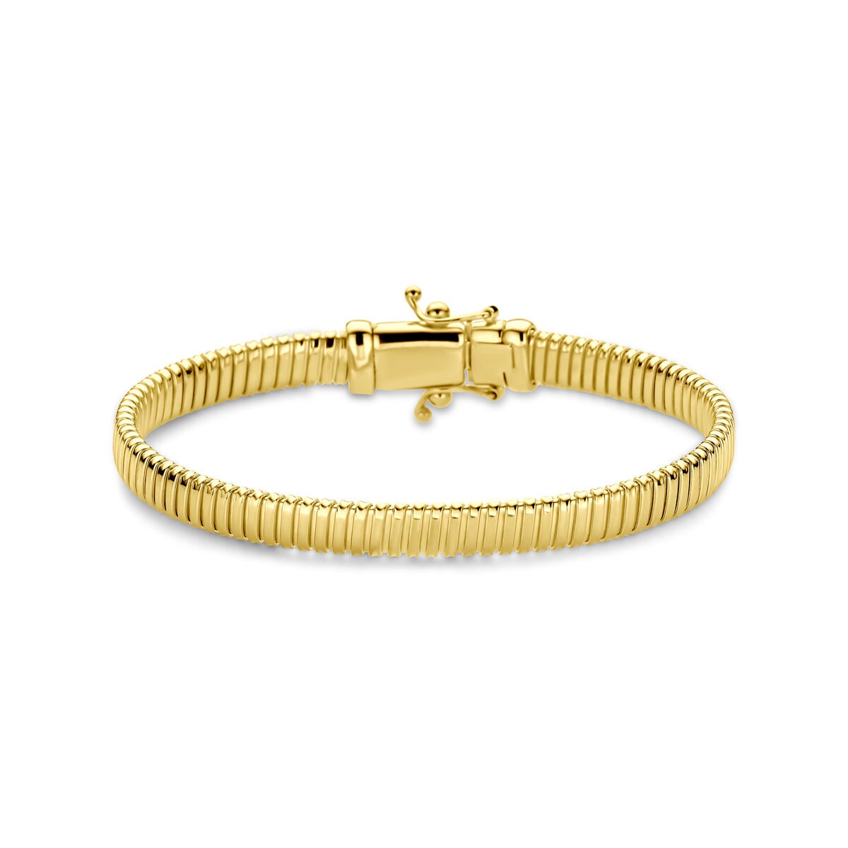 Geelgouden dames armband met tubogas schakel van 6 mm, met een gladde afwerking en een stevige sluiting.