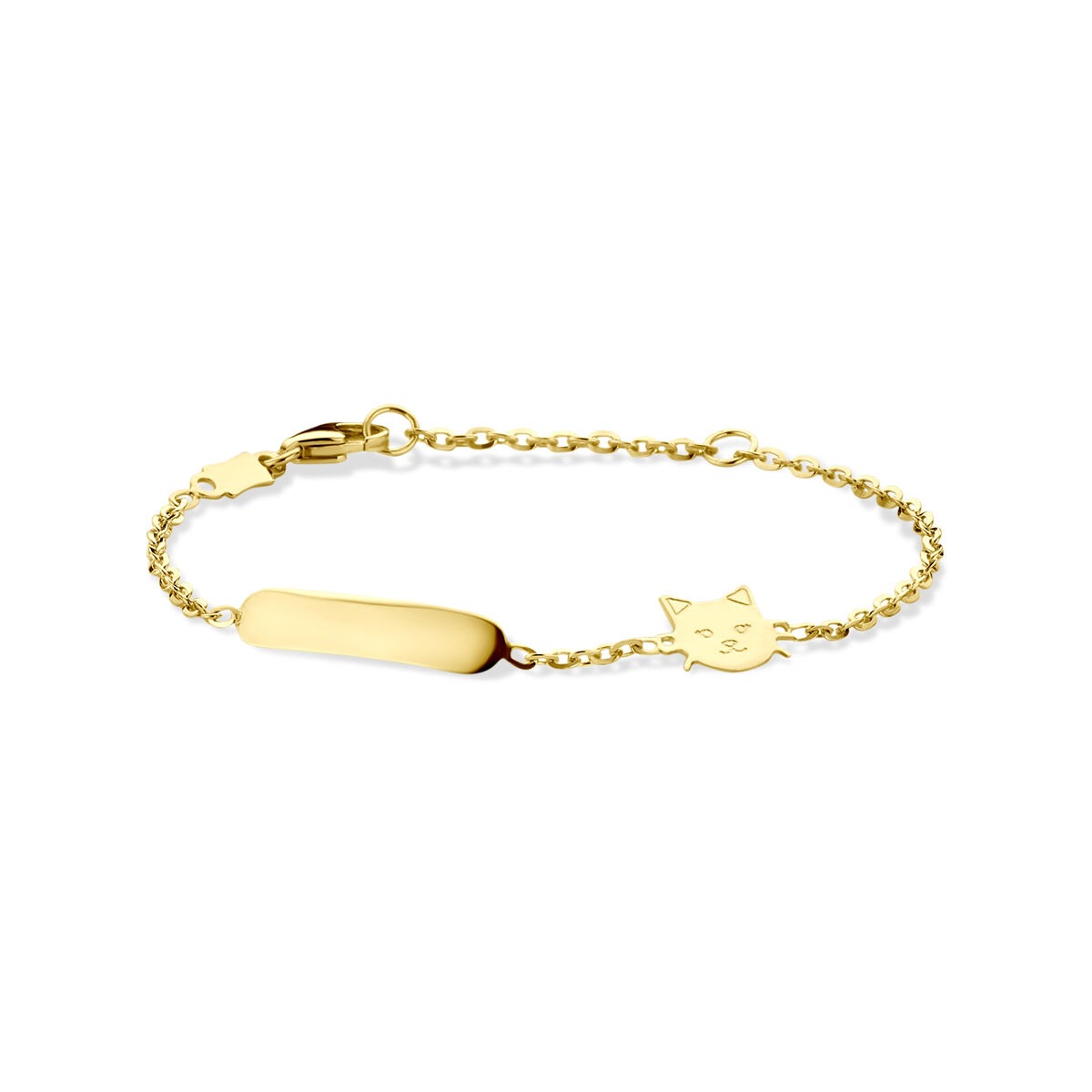 Geelgouden kinder graveerarmband met een katje en een gladde, ovale schakel.
