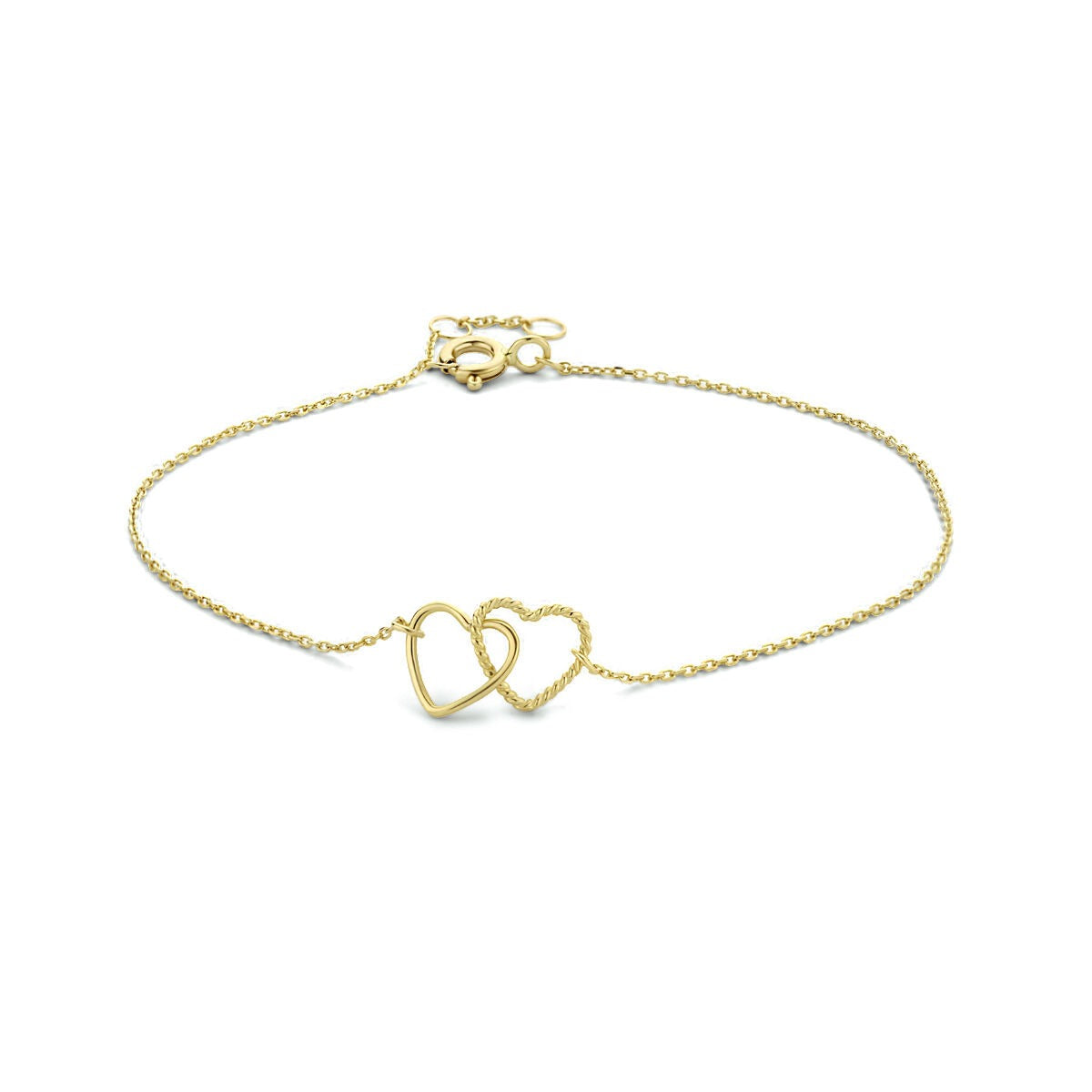 Geelgouden armband met twee overlappende hartjes en een fijne schakelketting.