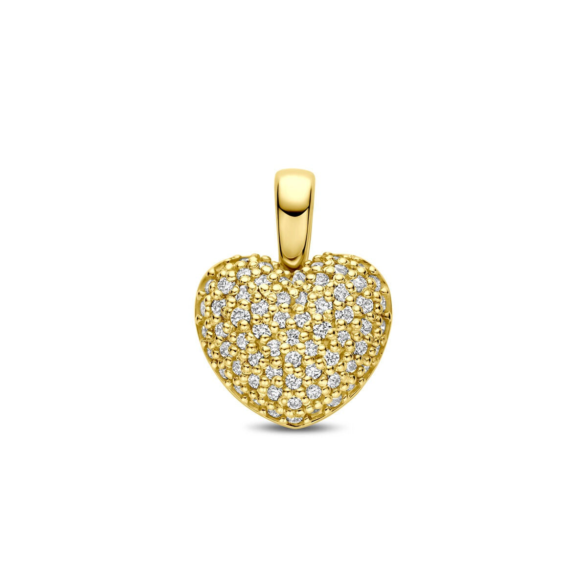 Geelgouden hart hanger bezet met lab grown diamanten in een sprankelend patroon.