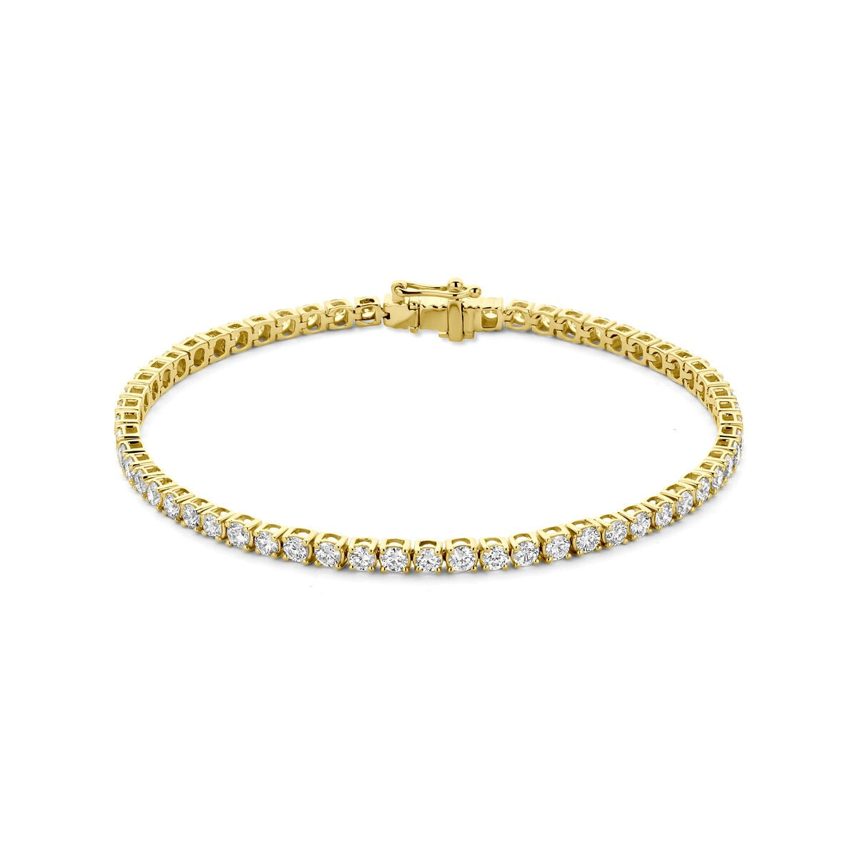 Gouden tennisarmband met lab grown diamanten, voorzien van een sluiting en een glanzende afwerking.