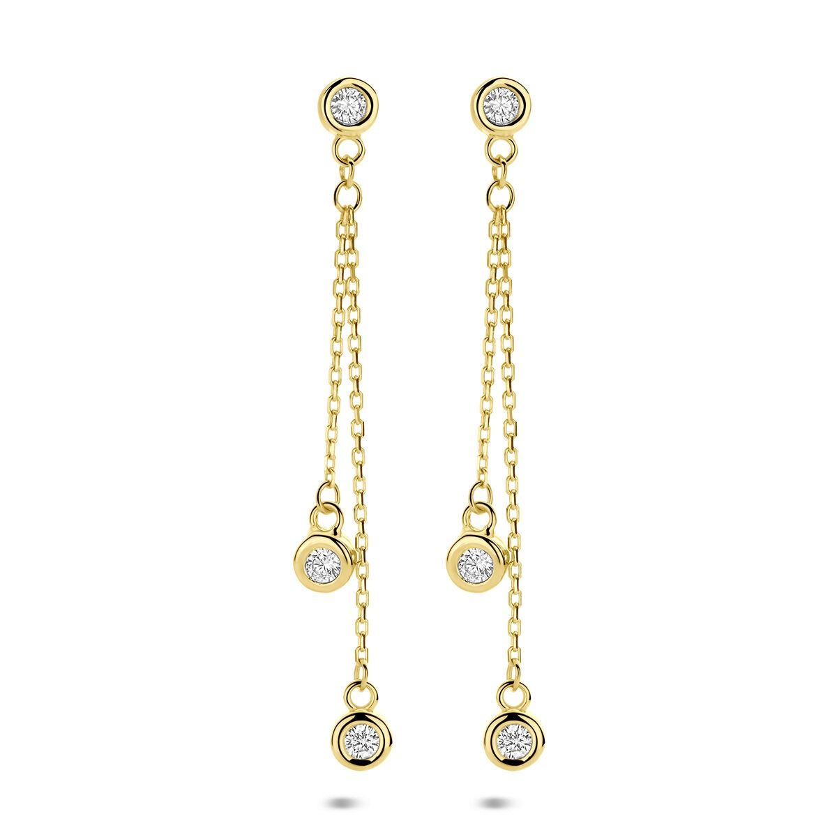 14k geelgouden oorhangers met twee hangende schakels en zirkonia steentjes.