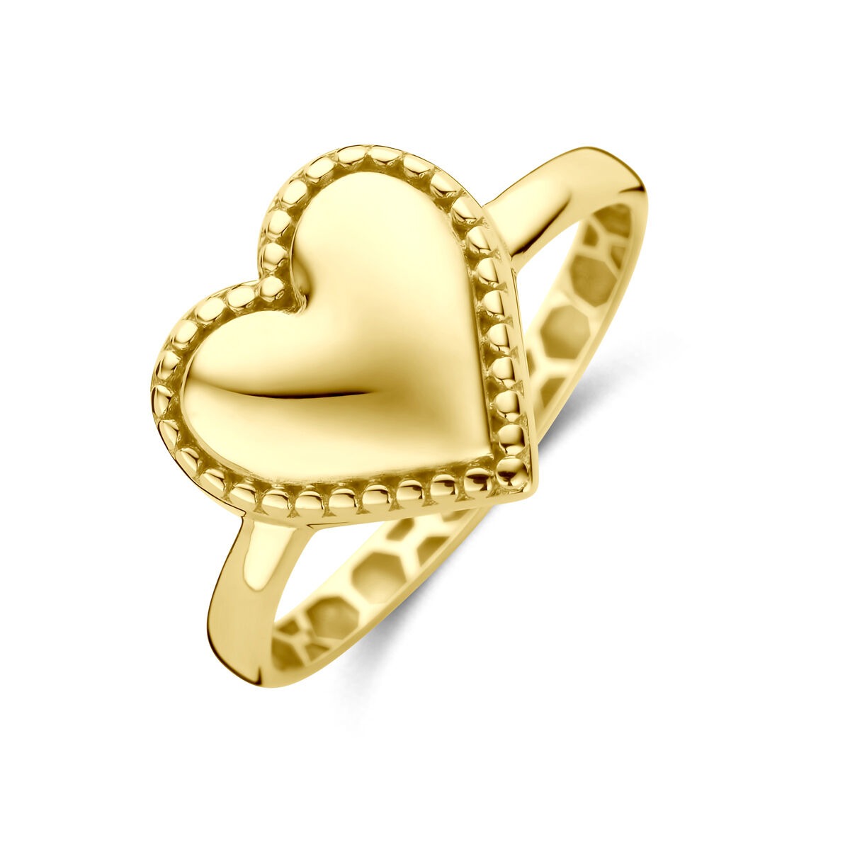 Geelgouden ring met een hartvormige, gladde bovenkant en een geprofileerde rand.