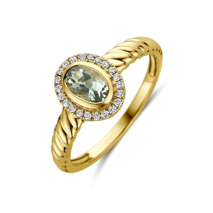 14k Geelgouden ring met groene amethist en lab grown diamant